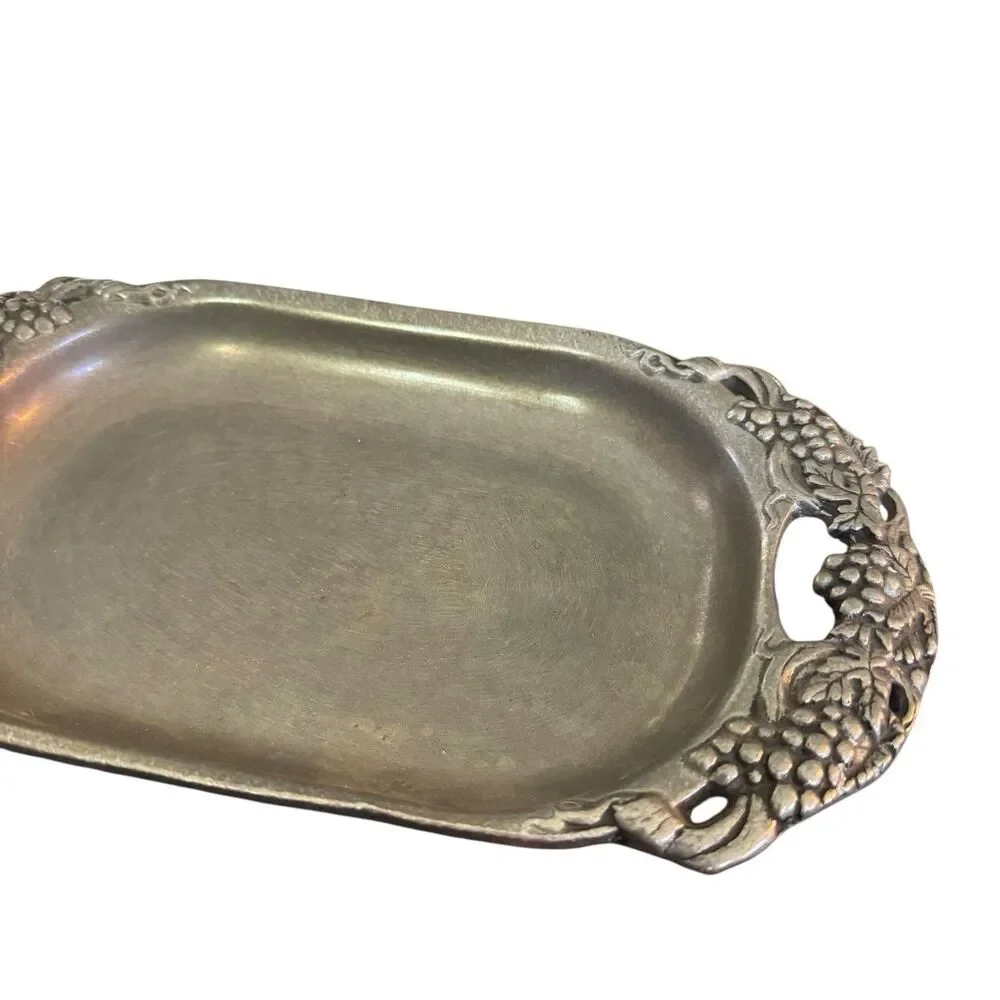 Vintage Pewter Serving Tray Dish Ornate Grape Handles 11.5